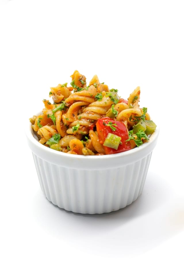 Tri- Colored Pasta Salad [v].